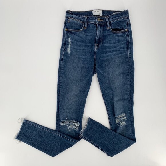 FRAME Le High Skinny Jeans Raw Hem, Distressed, Shredded Knees Size 26 - Picture 1 of 11